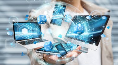 Teknik cihazlar birbirine işadamı 3d render tarafından bağlı