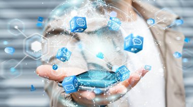 İşadamı 3d rende tarafından aktive uçan Dünya ağ arabirimi