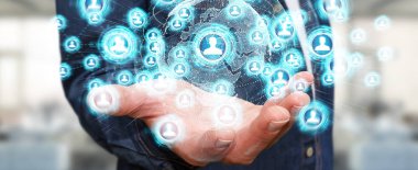 Sosyal ağ arabirimi 3d işlemesini kullanan iş adamı