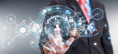 Sosyal ağ arabirimi 3d işlemesini kullanan iş adamı