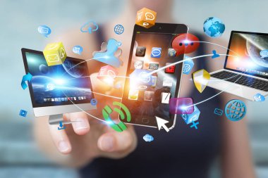 Teknik cihazlar işkadını 3d renderi ile birbirine bağlı