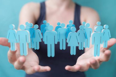 Holding ve 3d rendering grup mavi PE dokunmadan işkadını