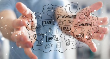 Eliyle el yazması proje sunum kullanarak iş adamı