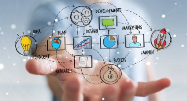 Eliyle el yazması proje sunum kullanarak iş adamı