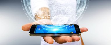 Hologram küre 3d render tutan işadamı