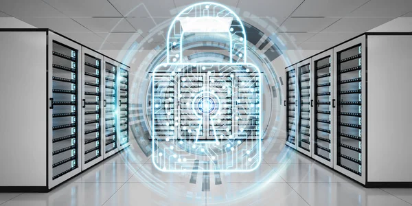 Firewall activado en el centro de datos de la sala de servidores renderizado 3D — Foto de Stock