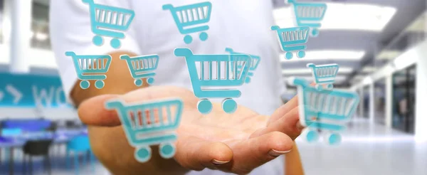 Empresario usando iconos de compras digitales renderizado 3D —  Fotos de Stock