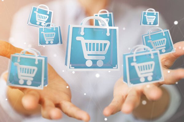 Деловая женщина с помощью цифровых иконок 3D рендеринг
