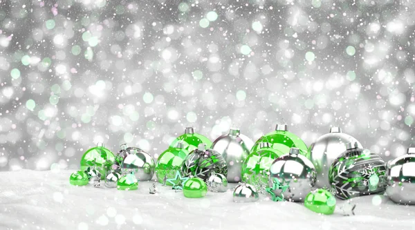 Green and white christmas gifts and baubles lined up 3D renderin