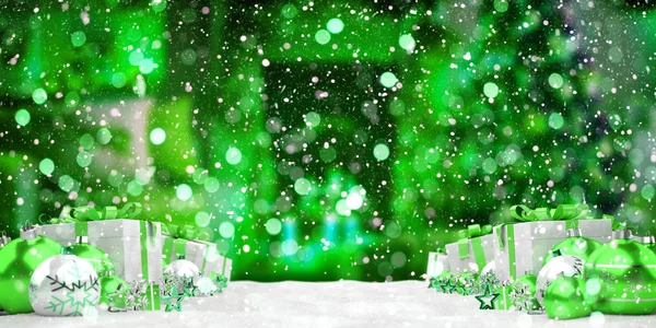 Cadeaux de Noël verts et blancs et boules alignés rendu 3D — Photo