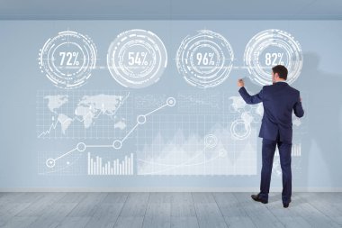 Bir duvara 3d render grafik ekranlar arabirimini kullanarak iş adamı