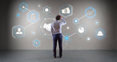 Bir duvara 3d render ortaklık arabirimini kullanarak iş adamı