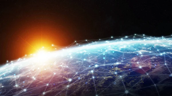 Verbindingen systeem en datas uitwisselingen op planeet aarde 3d render — Stockfoto