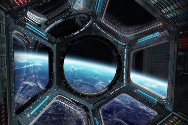 Bir uzay istasyonu pencere 3d işleme el Dünya gezegeninden görünümünü