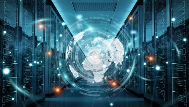 Dünya ağ sunucusu Oda veri merkezi 3d render üzerinde uçan