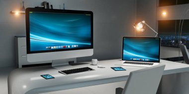 Bilgisayarı ve aygıtları 3d re sahip modern karanlık Resepsiyon ofis iç