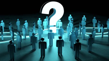 Soru işareti bir grup insan 3d render aydınlatıcı