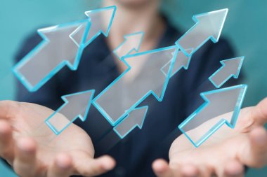 Dijital modern ok 3d işlemesini kullanan iş kadını