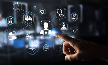 Modern tıbbi arabirimi 3d işlemesini kullanan iş adamı