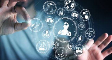 Modern tıbbi arabirimi 3d işlemesini kullanan iş adamı