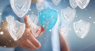 Modern veri kalkan virüsten koruma 3d işlemesini kullanan iş adamı