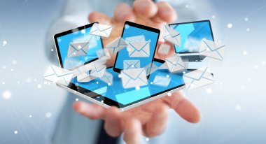 İşadamı onun dijital cihazlar 3d renderin üzerinde e-posta alma