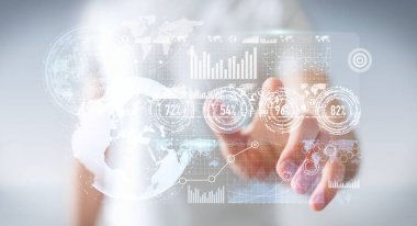 İşadamı hologram ekran dijital veriler 3d renderin ile kullanma