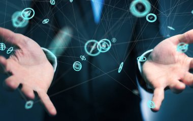 Uçan ağ bağlantısı arabirimi 3d renderi kullanarak iş adamı