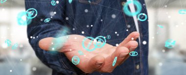 Uçan ağ bağlantısı arabirimi 3d renderi kullanarak iş adamı