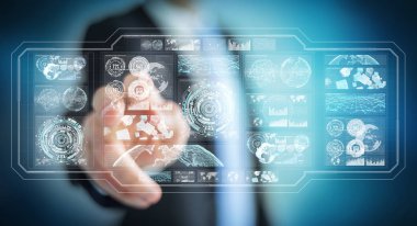 Dijital ekranlar hologramlar veriler 3d render ile kullanarak iş adamı