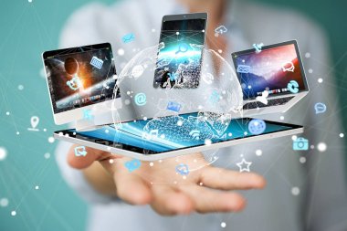 Teknik cihazlar işkadını 3d renderi ile birbirine bağlı