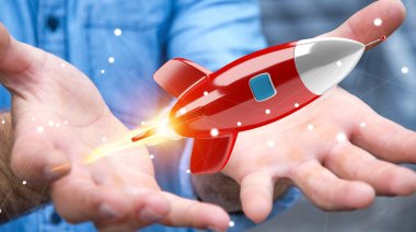 Holding ve bir roket 3d render dokunmadan işadamı