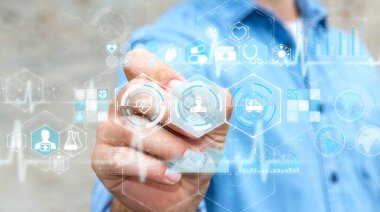 Bir kalem 3d render ile dijital tıbbi arabirimini kullanarak iş adamı