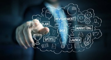 Eliyle el yazması proje sunum kullanarak iş adamı