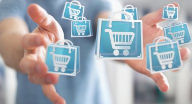 Dijital alışveriş simgeleri 3B oluşturmayı kullanarak iş adamı