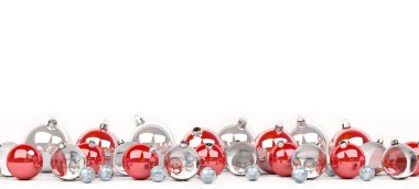 3D render kadar dizilmiş kırmızı ve beyaz Noel baubles