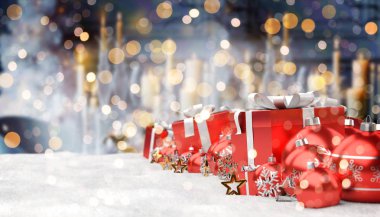 Kırmızı ve beyaz Noel hediyeleri ve 3d render kadar kaplı baubles