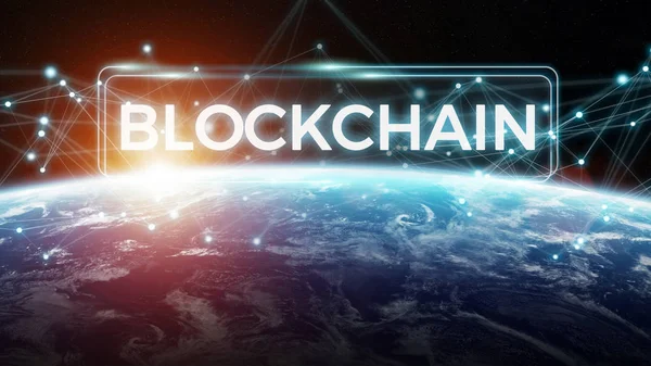 Blockchain auf dem Planeten Erde 3D-Rendering — Stockfoto