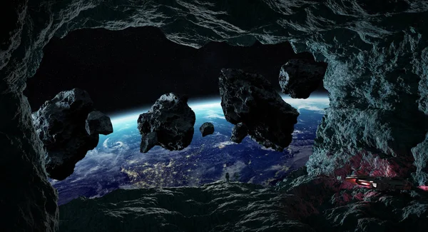Αστροναύτες εξερεύνηση ενός σπηλαίου σε αστεροειδής 3d rendering στοιχεία της — Φωτογραφία Αρχείου