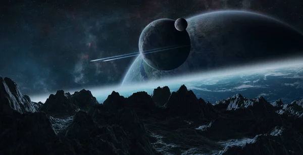 Repülő aszteroidák közel bolygók 3d rendering ennek elemei — Stock Fotó