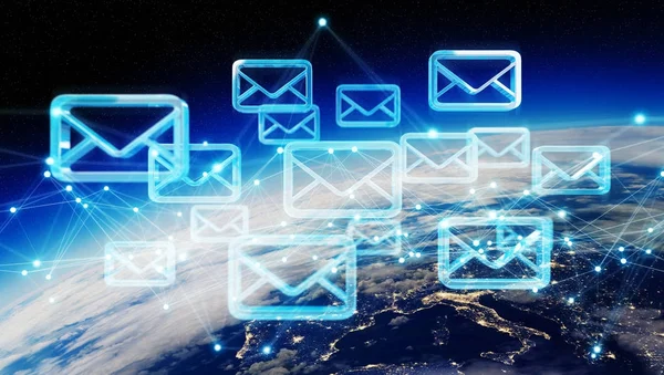 Emails exchanges on planet Earth 3D rendering — Stock Photo, Image