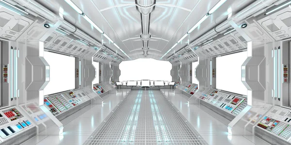 Interior da nave espacial com vista para as janelas brancas renderização 3D — Fotografia de Stock