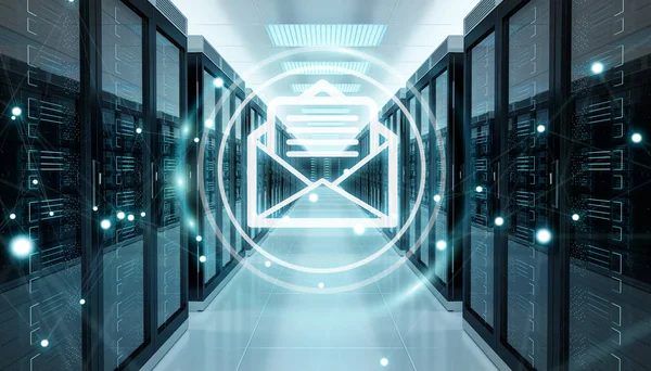 Emails exchange over server room data center 3D rendering — Stock Photo, Image