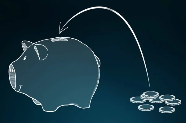 Banco piggy desenhado à mão com esboço de moedas voadoras — Fotografia de Stock