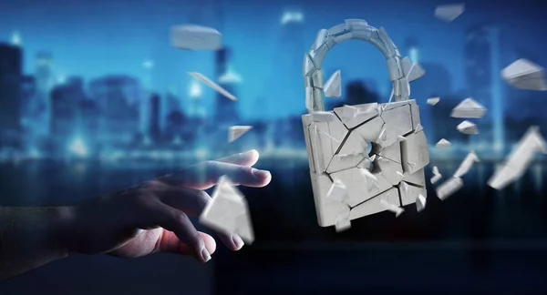 Businessman hacking in broken padlock security 3D rendering — Stok Foto