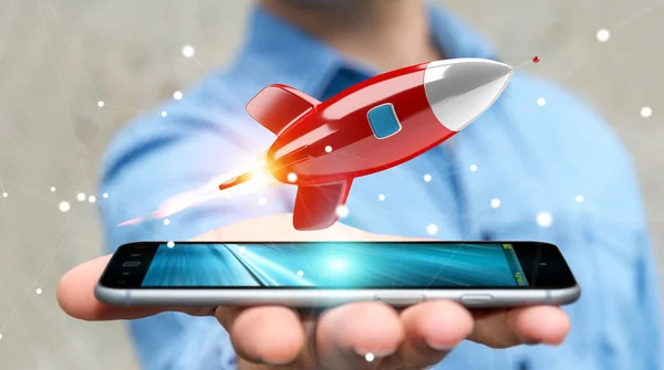 Empresario sosteniendo y tocando un cohete 3D renderizado — Foto de Stock