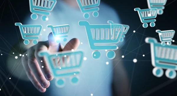 Empresario usando iconos de compras digitales renderizado 3D — Foto de Stock