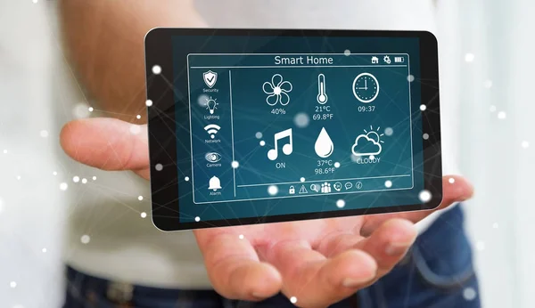 Uomo d'affari che utilizza il rendering 3D del dispositivo remoto smart home — Foto Stock