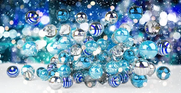 Blauwe en witte kerstballen 3D-rendering — Stockfoto