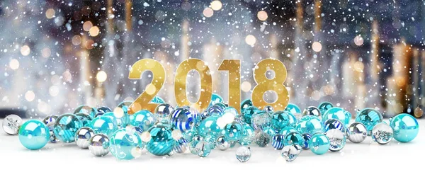 2018 véspera de ano novo com bugigangas de Natal 3D renderização — Fotografia de Stock